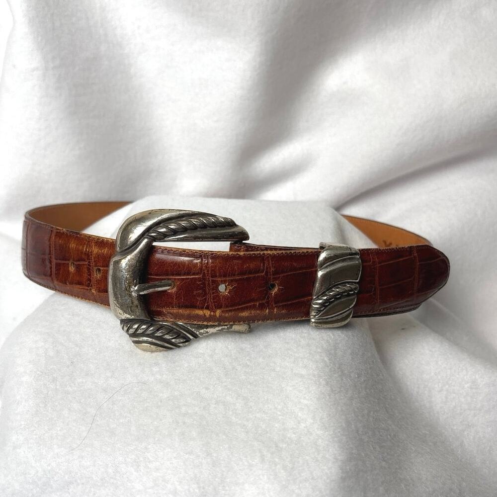 Onyx Brown Leather Western Belt Size 32 Silver Tone Engraved Buckle Vintage